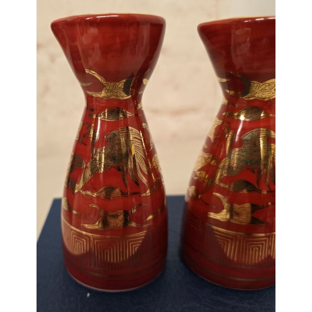 Vintage Japanese Kutani Ware Porcelain 5" Sake Bottle Red Tokkuri Phoenix - Picture 2 of 7